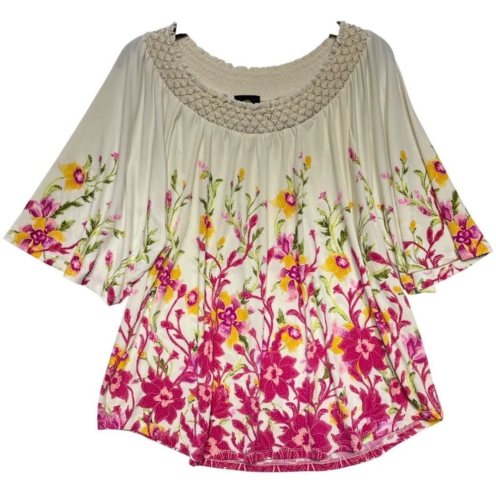 JM Collection XL Floral Boho Top Cream/Pink Short Bell Sleeves Smocked Neckline